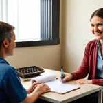 A therapist's office with a counselor sitting across from a patient. The patient looks anxious and is sitting on the edge of the seat. The therapist is smiling warmly and has a notepad in their lap, looking directly at the patient, creating a comfortable atmosphere.